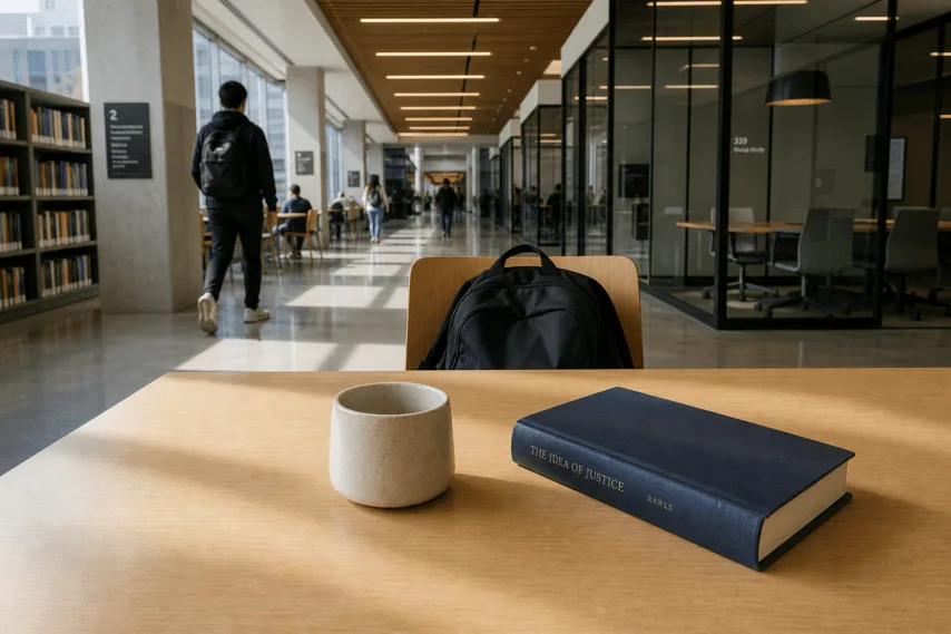 Front-camera view from an iPad on a library desk, showing a book and mug in front and a backpack on the chair opposite.